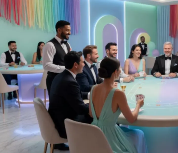 Goście bawiący się przy pastelowych stołach na casino party